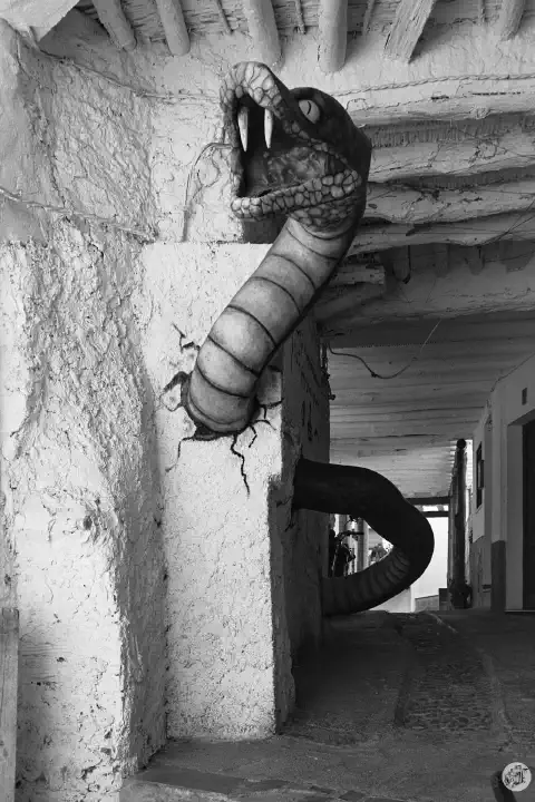 A black-and-white film photo of Serpiente Maléfica, or Evil Snake on Calle Real, under one of the wonderful tinaos.