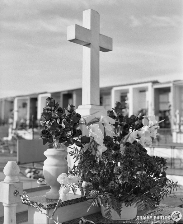 A black-and-white photo of a grave with a large white marble cross in a village cemetery.