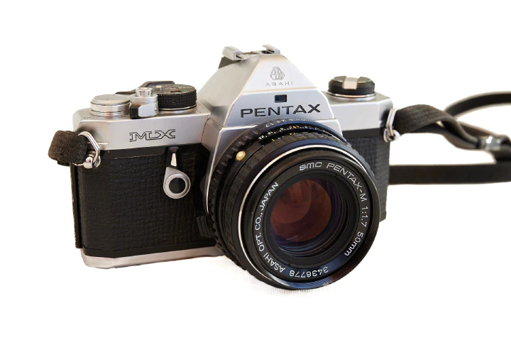 A photo of the Ashai Pentax MX film camera looking down.