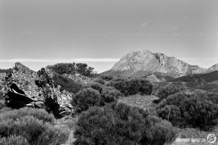 A black-and-white film photo of Barrio Castro, Alba de los Cardaños