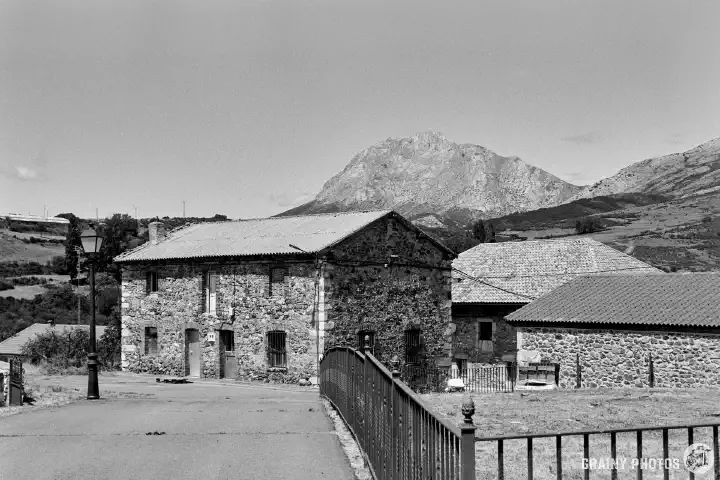 A black-and-white film photo of houses in Alba de los Cardaños