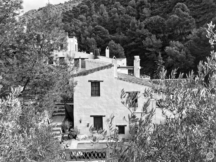 A black-and-white film photo of white houses in El Acebuchal