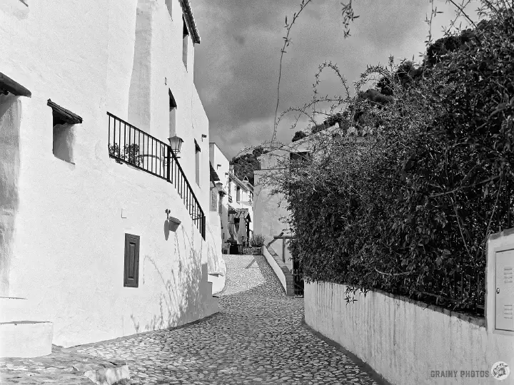 A black-and-white film photo of a cobbled street through El Acebuchal