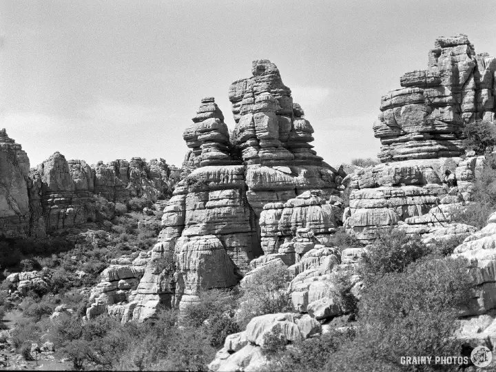 A black-and-white film photograph of Karst limestone rock formations in El Torcal