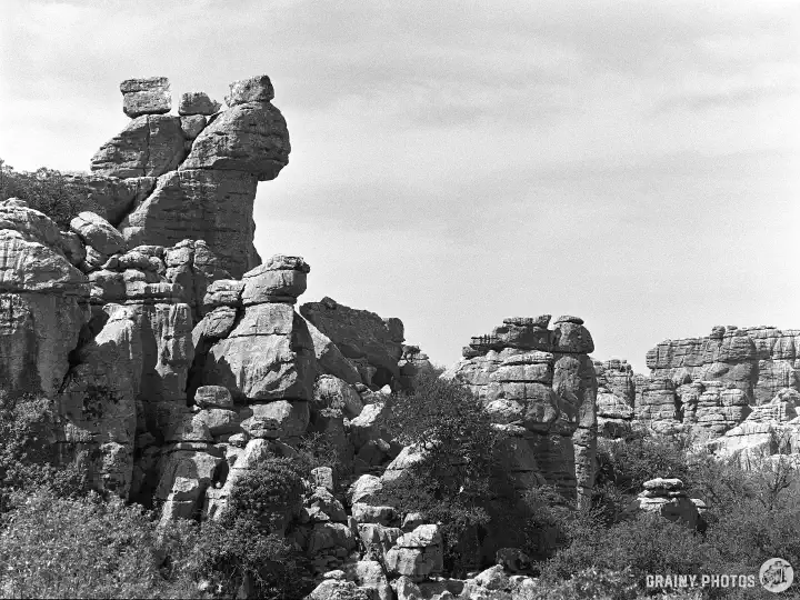 A black-and-white film photograph of Karst limestone rock formations in El Torcal