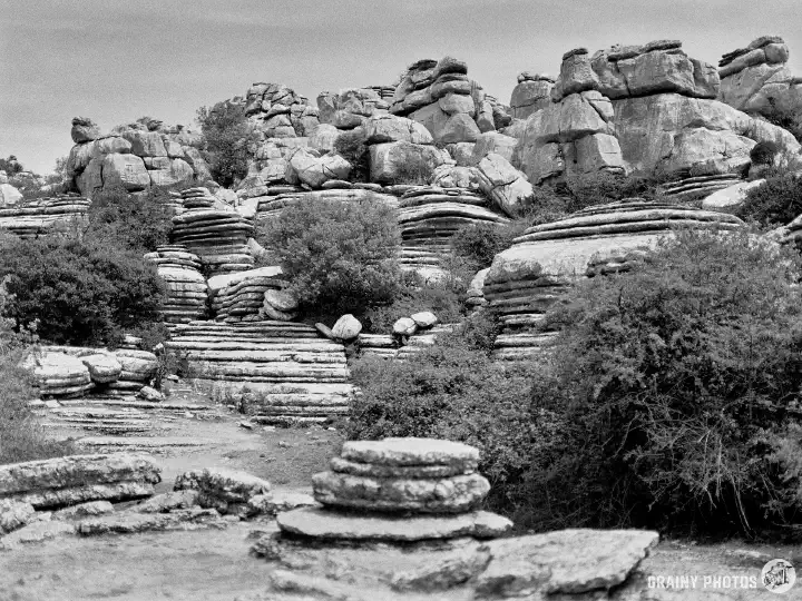 A black-and-white film photograph of Karst limestone rock formations in El Torcal