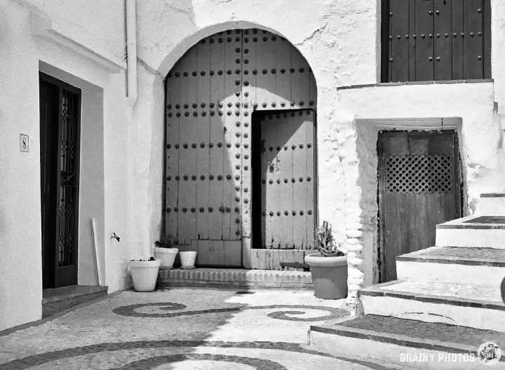 A black-and-white photo of a courtyard. There is a huge old arched wooden door with a smaller wicket gate, which is ajar. Further doors of various sizes are on either side.