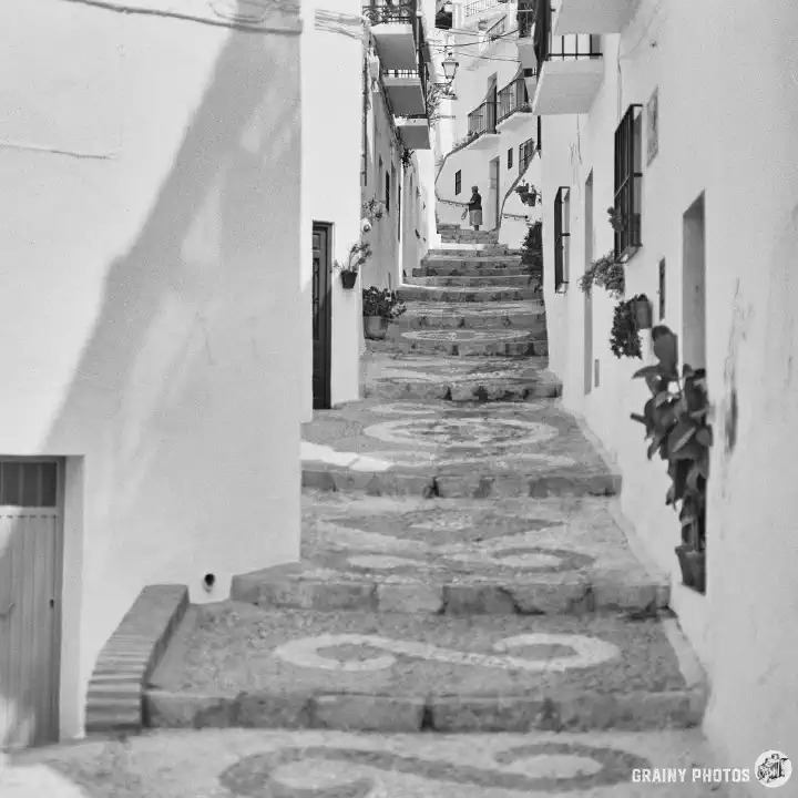 A black-and-white photo A black-and-white photo of a stepped alley between terraced white houses. The footpath is finished with a pretty patterned pebble finish.