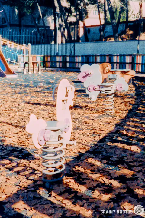 A colour film photo of a children's play area in a park. Shot on Harman Phoenix 200 film