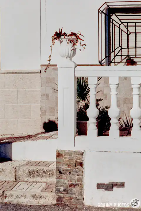 A colour film photo shot on Harman Phoenix 200 film of a couple of steps and a white balustrade in front of a house.