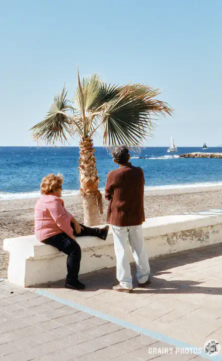 A colour film photo of an elderly couple next to a small palm tree looking out to see. The lady is sitting on a low wall.