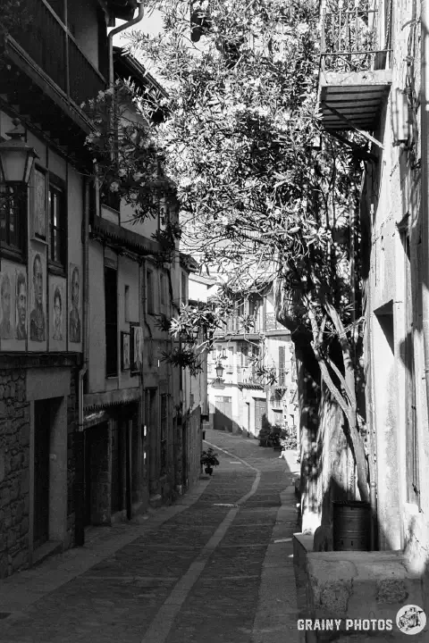 A black-and-white film photo of the main street through the old quarters of Mogarraz. Three-storey stone and timber-framed houses are on both sides of the cobbled street.
