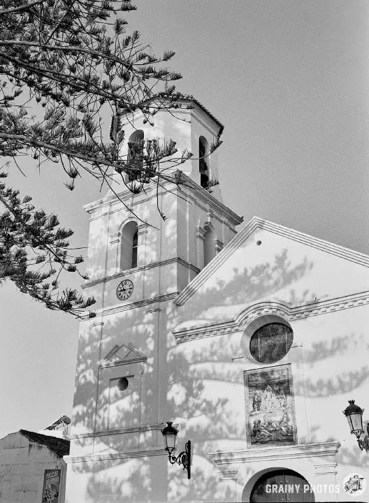 A black and white film photo looking up at the Iglesia de El Salvador belfry. Shadows from a nearby pine are cast onto the white wall.