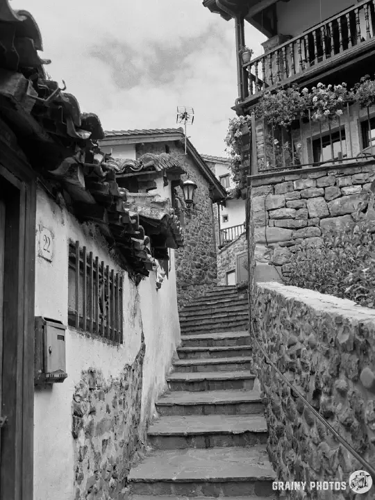 A black-and-white film photo of a narrow stepped alley, linking the narrow streets. Stone-built houses are on both sides of the alley.