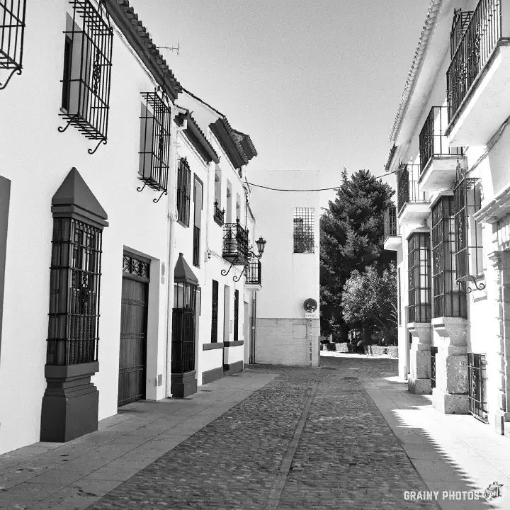 A black-and-white film photo of a narrow cobbled street in the old town.