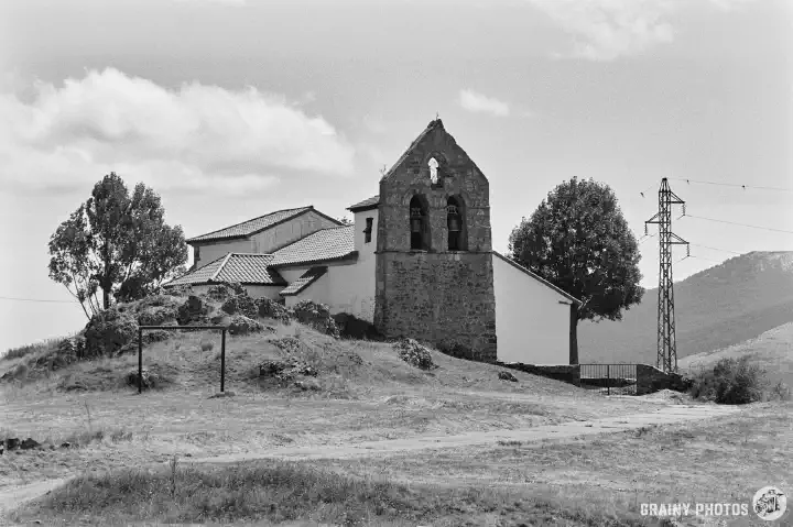 A black-and-white film photo of Iglesia de San Cristóbal, Santibáñez de Resoba