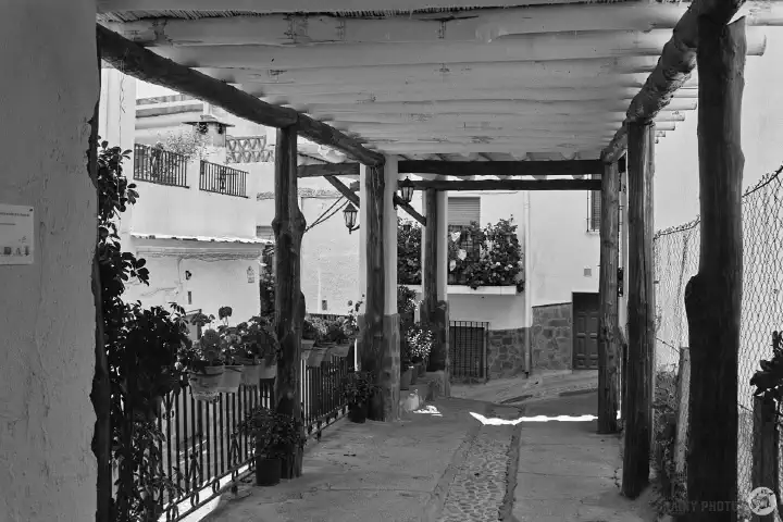 A black-and-white film photo looking along a narrow street under a continuation of the tinao. Strictly speaking, this is not a tinao but more of a gazebo structure.