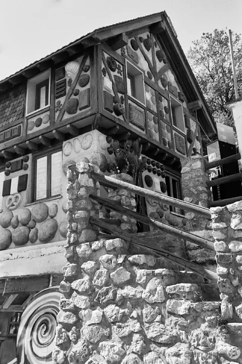 A black-and-white photo of Hansel and Gretel's House.