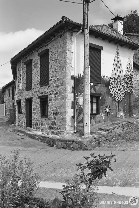 A black-and-white photo stone house with mural on the side wall