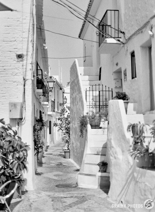 A serene black-and-white image of a narrow alleyway lined with whitewashed buildings, potted plants, and a winding staircase, creating a picturesque view of a charming, Mediterranean-inspired village.