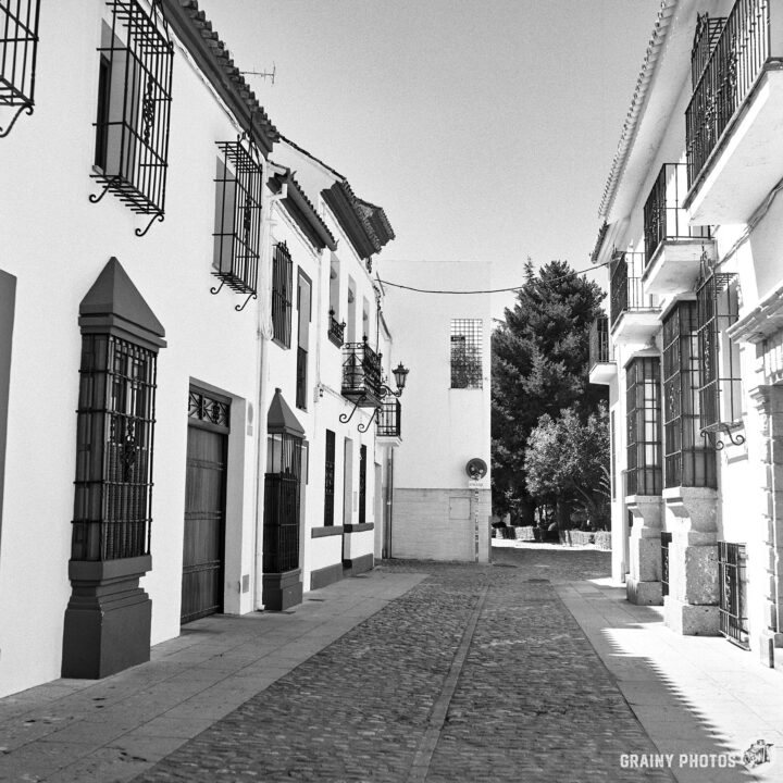 A narrow cobblestone street lined with white, traditional buildings featuring black wrought iron balconies. Sunlight casts shadows, and trees are visible in the background, enhancing the serene ambiance of this charming locale.