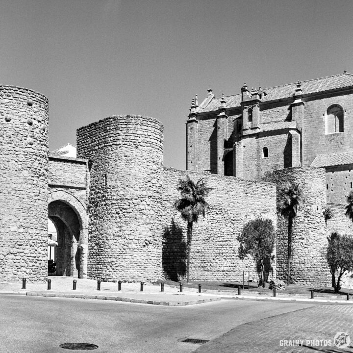 Historic stone walls and towers surround a courtyard with palm trees, leading to a prominent church building in the background. The image is in black and white, highlighting the architectural details and textures of the structures.