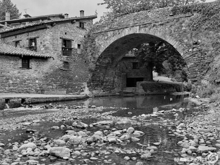 A serene black-and-white scene featuring an old stone bridge over a calm river, with rustic buildings positioned along the water's edge. The landscape is dotted with trees, creating a tranquil rural atmosphere.