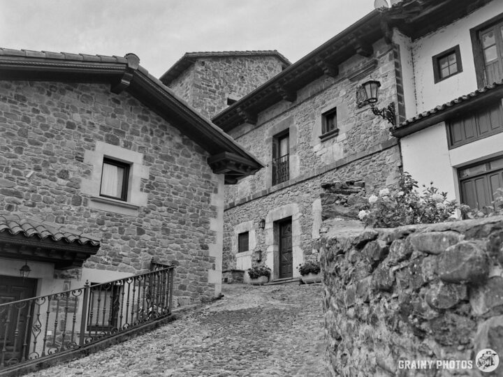 A narrow cobblestone street winds between old stone buildings with varying architectural styles, featuring a mix of windows, doors, and rustic details, all captured in a black-and-white tone.
