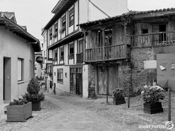 A narrow cobblestone street winds between traditional buildings, showcasing rustic wooden balconies and stone walls. Potted plants add greenery to the scene, creating a charming atmosphere in a quaint town. The image is presented in black and white.