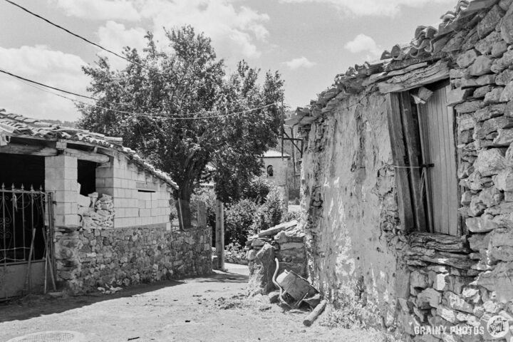 A black and white photograph showing a narrow street between rustic stone houses exhibiting decay, with a large tree providing shade and a glimpse of greenery in the background. The scene reflects a rural environment with textured walls and blue skies.