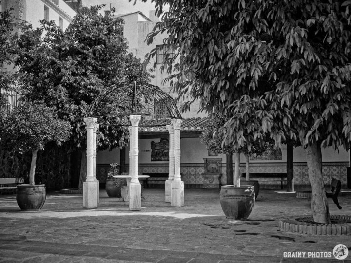 A tranquil courtyard known as Rincón de los Abuelos featuring stone columns, lush greenery, and large clay pots, set in a historic ambiance. The scene is rendered in black and white, highlighting the architectural details and natural elements in a peaceful setting.