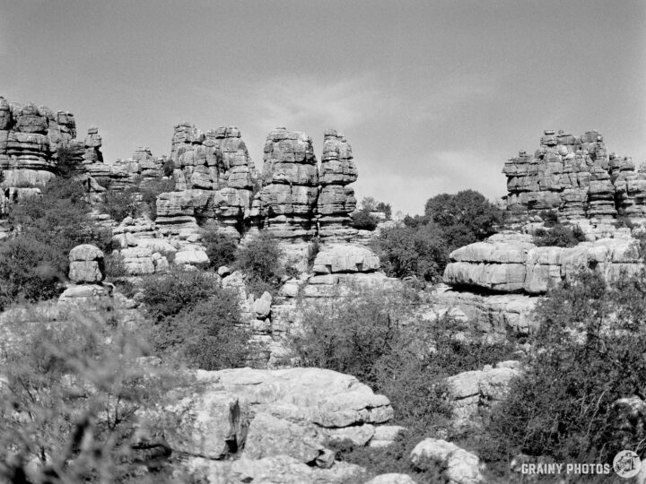 A scenic view featuring unique karst limestone rock formations surrounded by shrubs and trees, showcasing a rugged landscape under a clear sky. The striking geological structures create a dramatic contrast against the natural greenery.