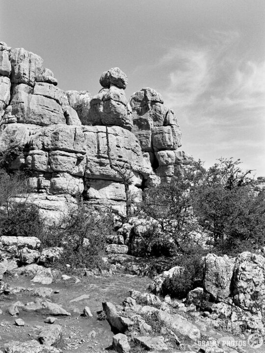 A black and white photograph of rugged karst rock formations, featuring large boulders and scattered vegetation, under a clear sky. The scene captures the natural beauty and texture of the rocky landscape.