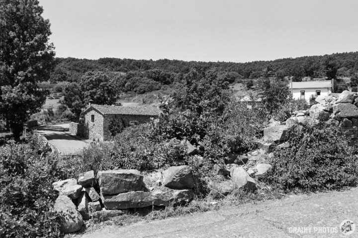 A scenic view of the rural Estalaya village landscape featuring stone houses, lush greenery, and rocky terrain, set against a backdrop of rolling hills under a clear sky, captured in black and white.