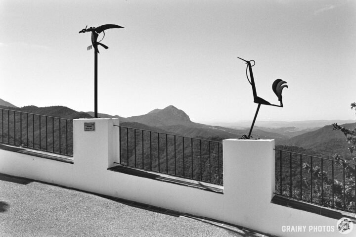 A scenic view featuring two metal bird sculptures on a white wall, overlooking a mountainous landscape under a clear sky. The photo is in black and white, enhancing the artistic contrast of the sculpture against the natural backdrop.