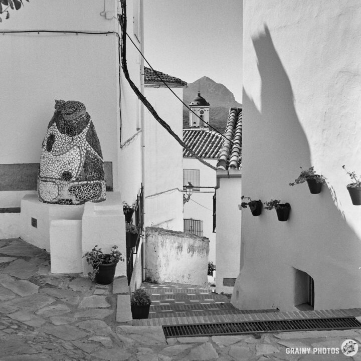 A quaint cobblestone street in black and white, featuring a whimsical mosaic cat sculpture beside potted plants. To the right, a shadow of the owl casts on a white wall, while traditional buildings with tiled roofs create a picturesque backdrop.
