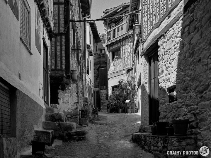 A narrow cobblestone alleyway between old stone and wooden buildings, showcasing traditional architecture. Potted plants line the walkway, with sunlight casting shadows, creating a serene, historical atmosphere.