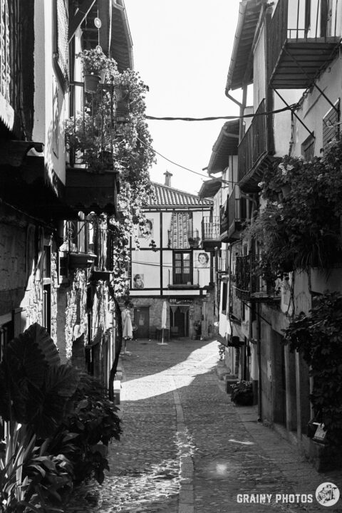 A narrow, cobblestone street lined with charming, rustic buildings featuring balconies and greenery. The scene is captured in black and white, highlighting the tranquil atmosphere of this quaint village.
