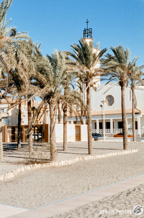 A sunny beach scene featuring tall palm trees near a building with a cross atop a tower. The sandy area is calm, with blue skies and a serene atmosphere.