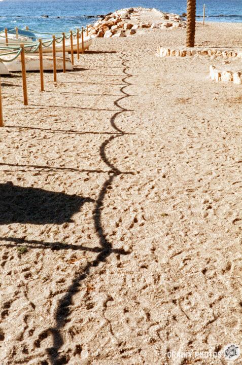 A sandy beach scene featuring wavy shadows cast by a rope barrier, leading towards the water. In the background, a rocky shoreline and a palm tree are visible, creating a tranquil coastal atmosphere.