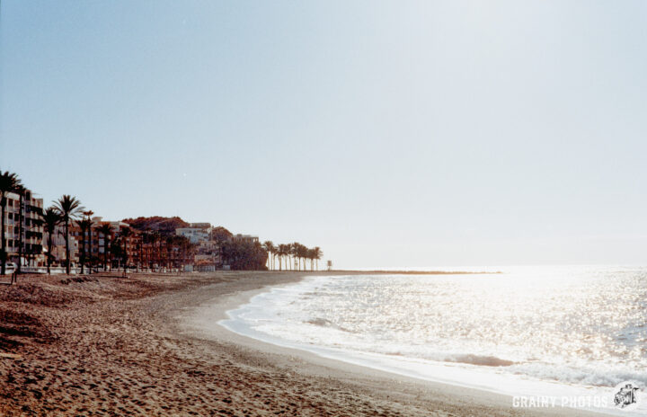 A serene beach scene with sunlit waves lapping against the shore, lined with palm trees and colorful buildings in the background, capturing a peaceful coastal atmosphere.