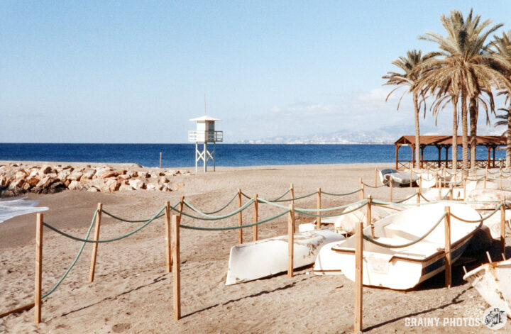A serene beach scene featuring palm trees, a lifeguard tower, and white boats along the shore. The sandy beach is lined with a protective barrier, and the calm sea extends into the horizon under a clear blue sky.
