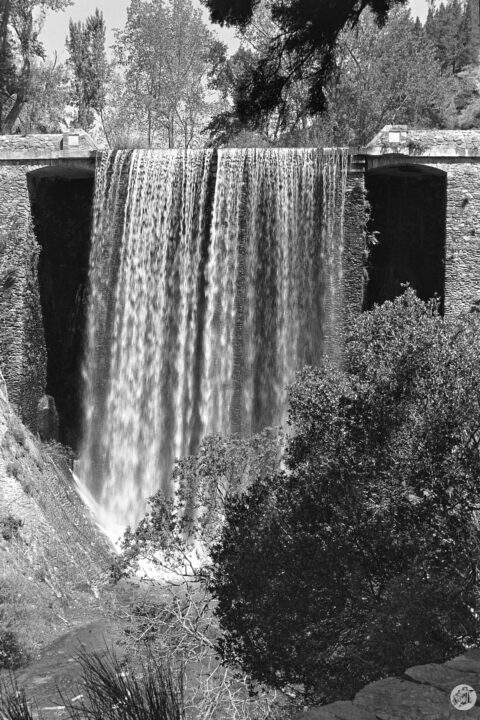 A black and white image of a waterfall cascading down a stone dam, framed by lush greenery and trees. The movement of the water creates a tranquil atmosphere, highlighting the natural beauty of the surrounding landscape.