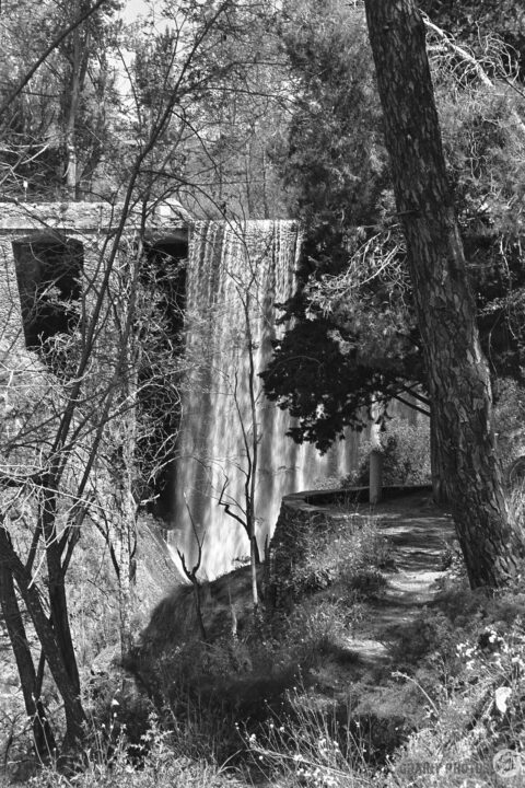 A monochrome scene of a waterfall cascading over a dam, surrounded by trees and vegetation, with a winding path leading alongside the water. The natural setting conveys tranquility and the beauty of the outdoors.