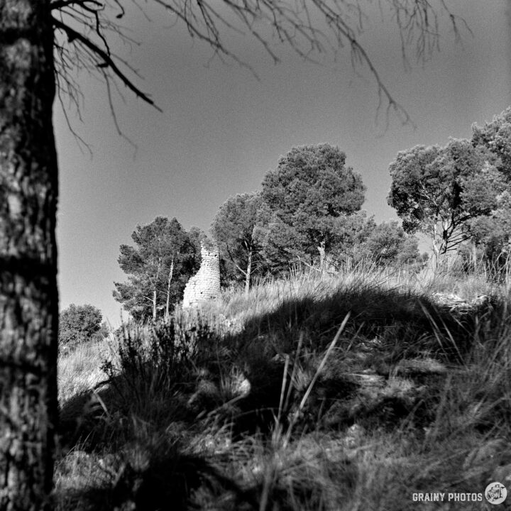 A black-and-white landscape featuring a grassy hill with some trees and a stone ruin of Torre de La Harina partially visible in the background under a clear sky.