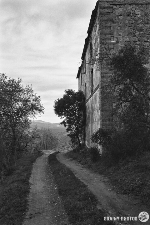 A winding dirt path leads alongside an old, weathered abandoned cortijo surrounded by sparse trees. The scene is captured in black and white, evoking a sense of nostalgia and solitude in a natural landscape.