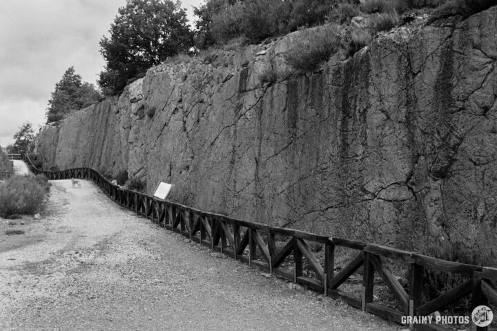 A winding dirt path bordered by a wooden fence alongside a steep rock cliff where fossilised tree remains from 300 million years ago can be seen. Sparse vegetation and trees visible in a black-and-white landscape setting.