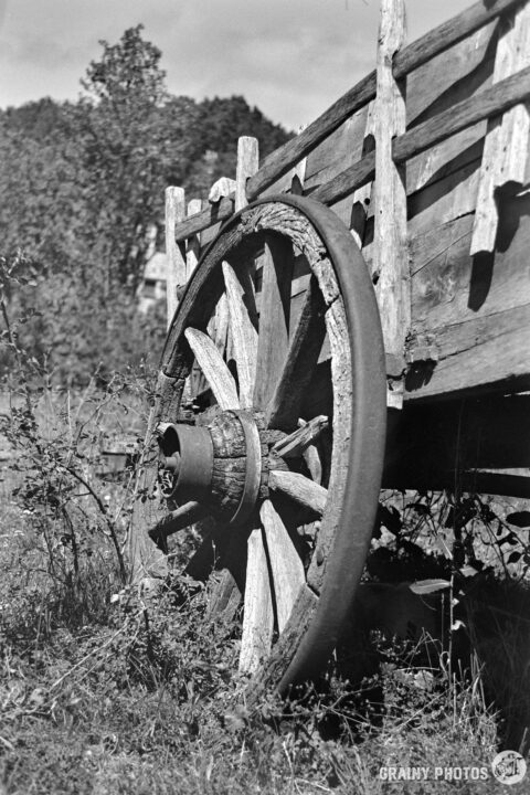 A close-up of an old wooden cart wheel, partially buried in grass, with hints of a rustic landscape in the background, evoking a sense of nostalgia and history.