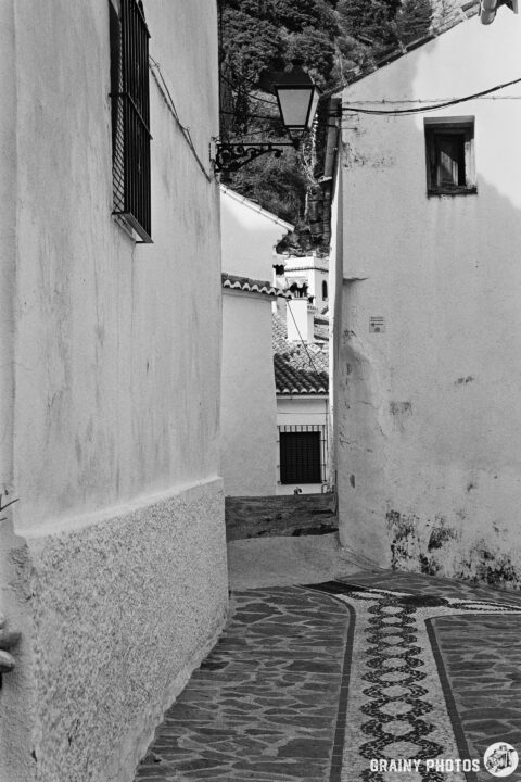 A narrow alleyway with whitewashed walls and cobblestone paving, featuring traditional Spanish architecture and decorative tiles. A lamp hangs above, adding charm to the serene, monochrome setting nestled among lush greenery.