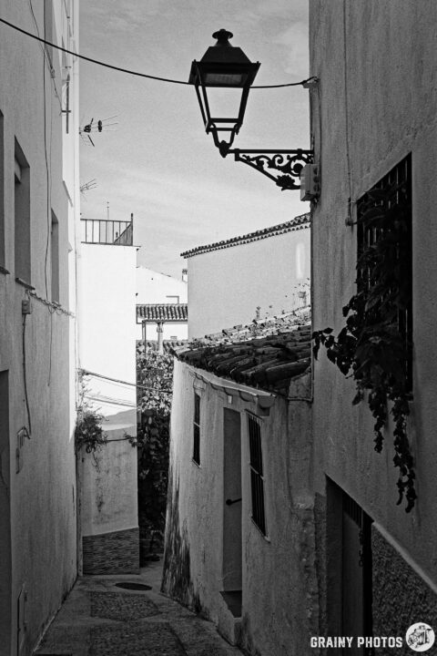 A narrow, winding alleyway with whitewashed walls, featuring a vintage lantern. Sunlight casts long shadows, and greenery can be seen climbing one side of the building, creating a serene, picturesque atmosphere in black and white.